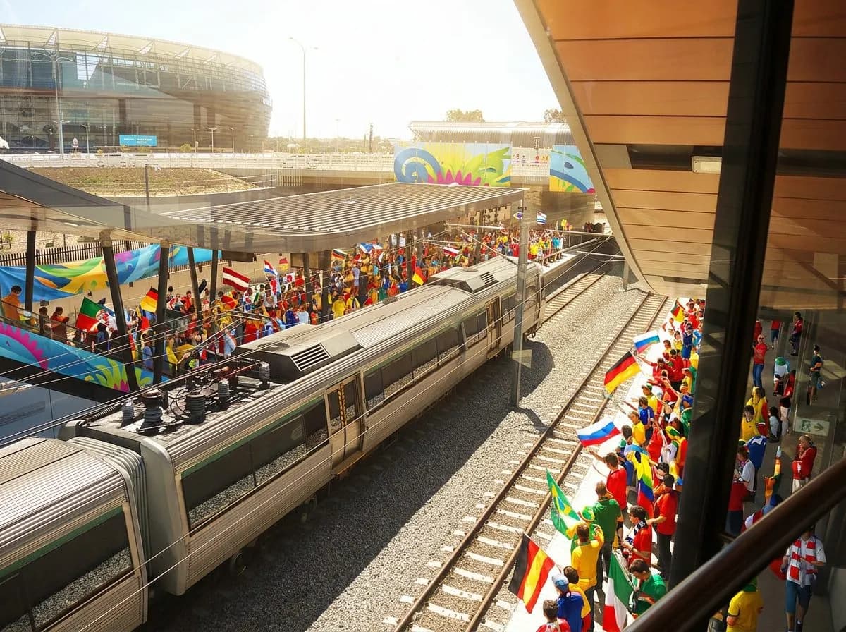 MetLife Stadium's curved exterior rising beyond a rail platform in golden afternoon light, supporters streaming toward the venue with flags