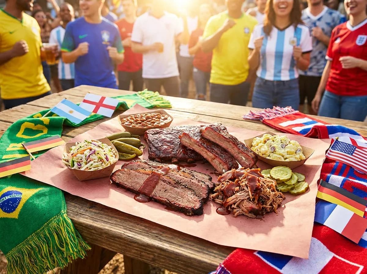 A bright Texas BBQ spread of brisket and ribs on butcher paper with warm natural light and festive World Cup accents