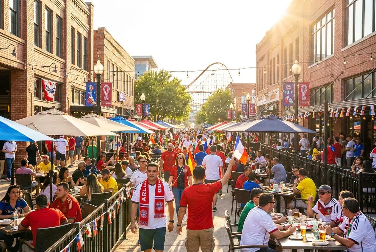 A lively sunny Arlington entertainment district street with outdoor patios and cheerful World Cup atmosphere