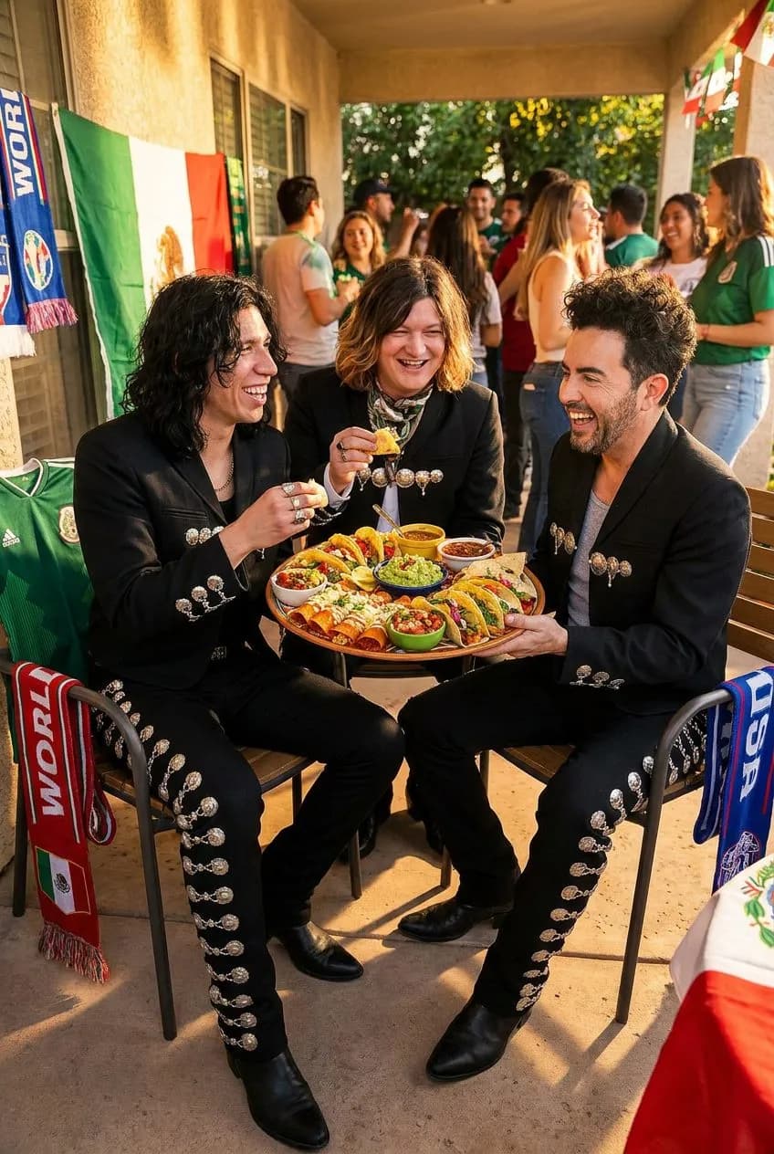 A Tex-Mex plate with tacos and salsa in warm light with festive World Cup mood accents