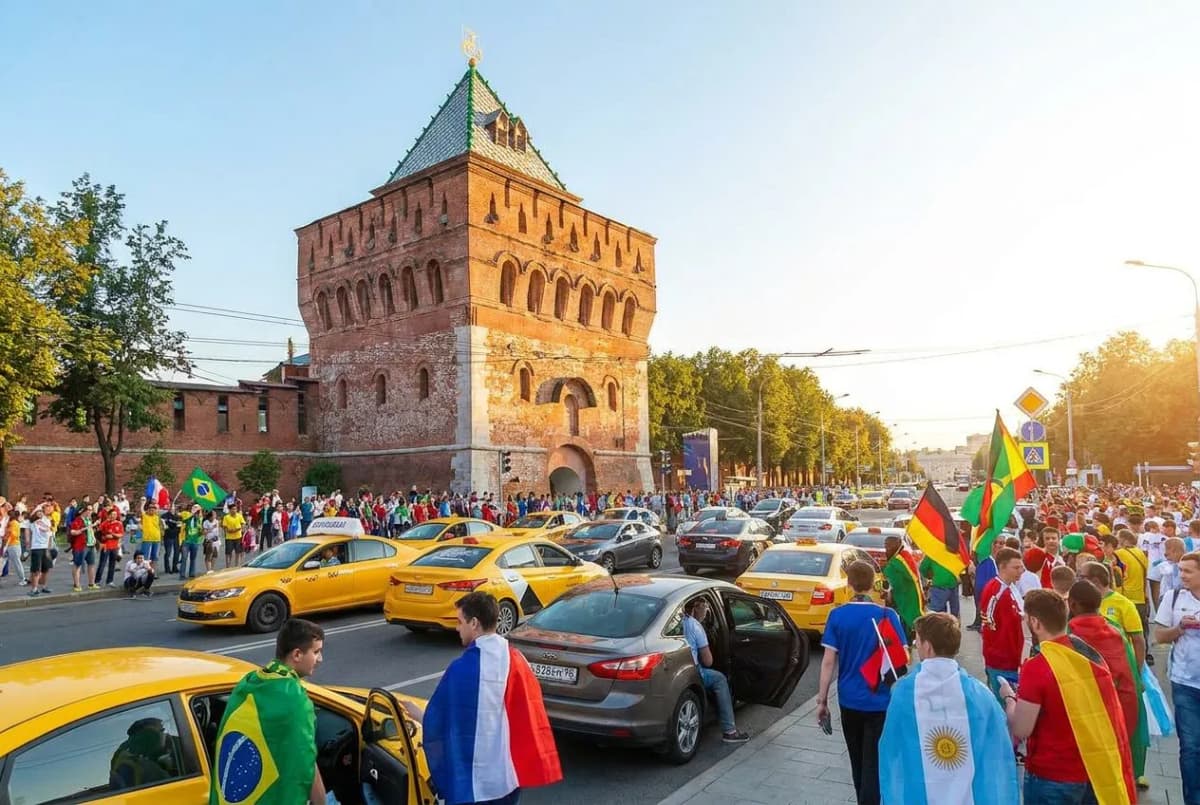 A bustling rideshare pickup zone on a sunny Inglewood street, with sedans and SUVs lined up as fans in national-team scarves walk toward waiting vehicles under clear blue skies.