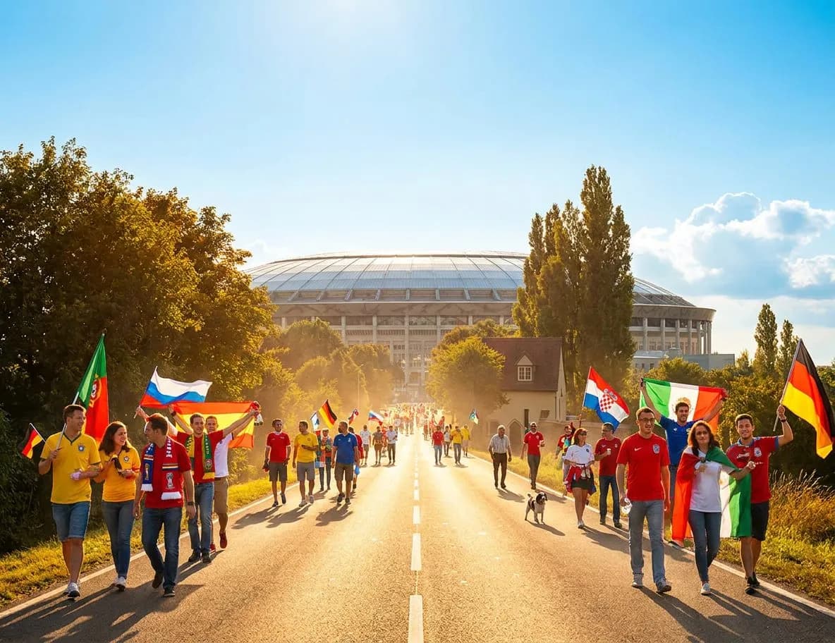 A sunlit road stretching toward a distant stadium under a bright blue sky, with colorful scarves and flags lining the path in a festive World Cup atmosphere