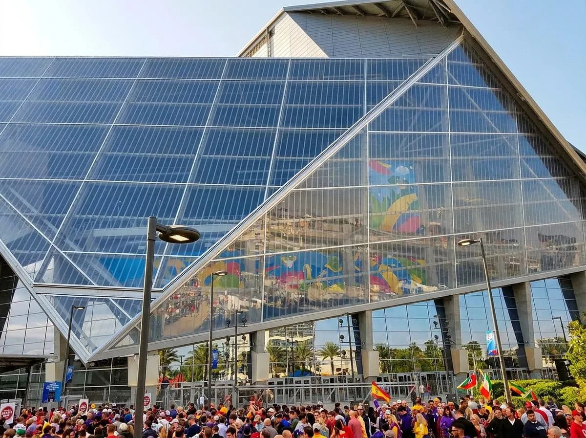 MetLife Stadium exterior in bright daylight with fans in colorful jerseys and scarves streaming toward the entrance under a clear sky