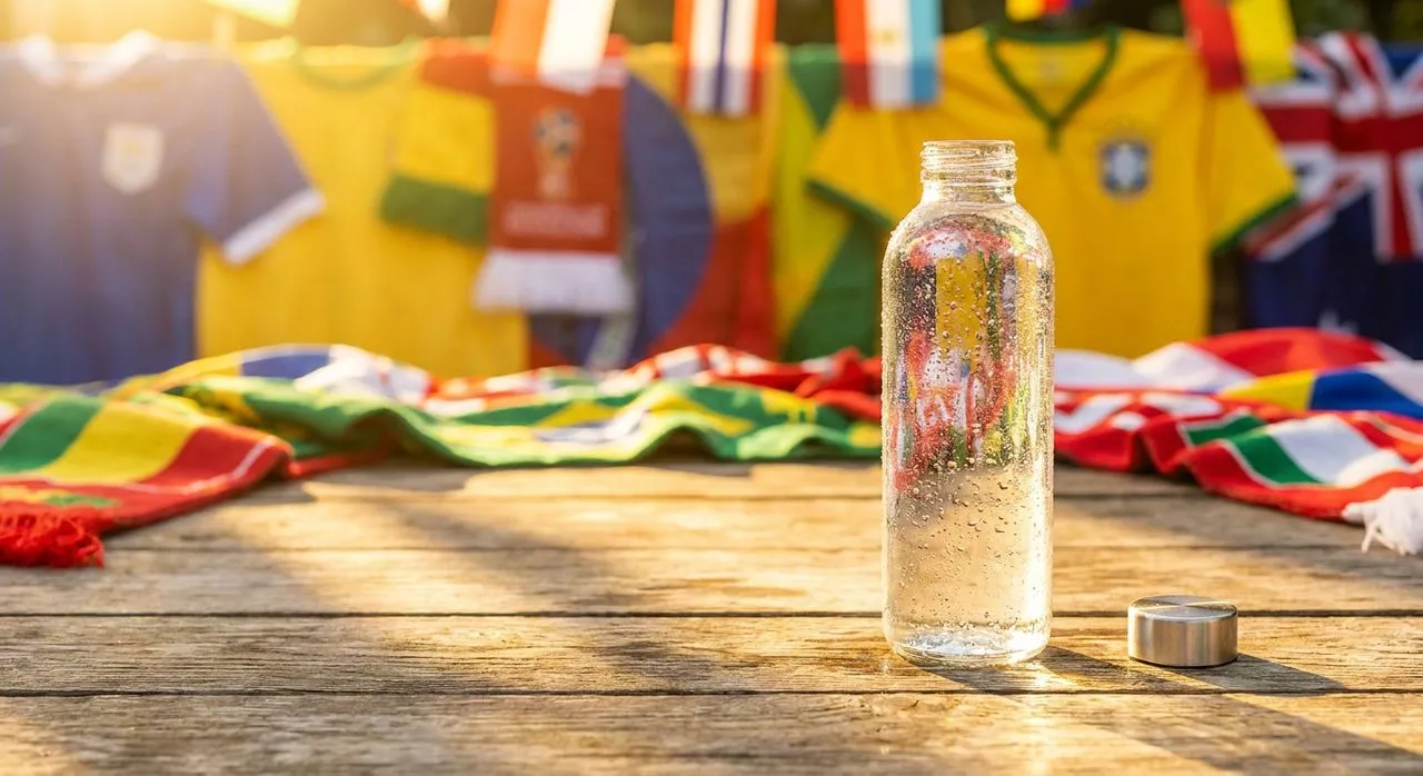 Cold water bottle and cap on a sunlit outdoor table with colorful World Cup jersey fabric in soft focus background