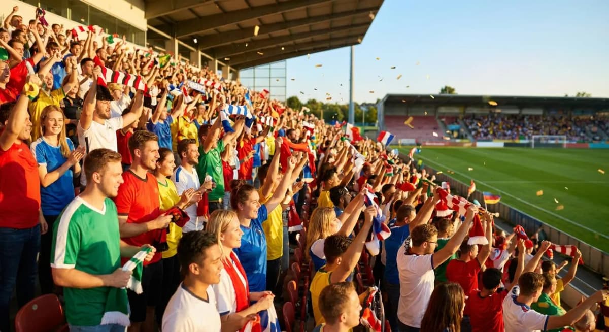 A cheerful mixed crowd in a sunny stand celebrating under warm natural light with festive tournament energy
