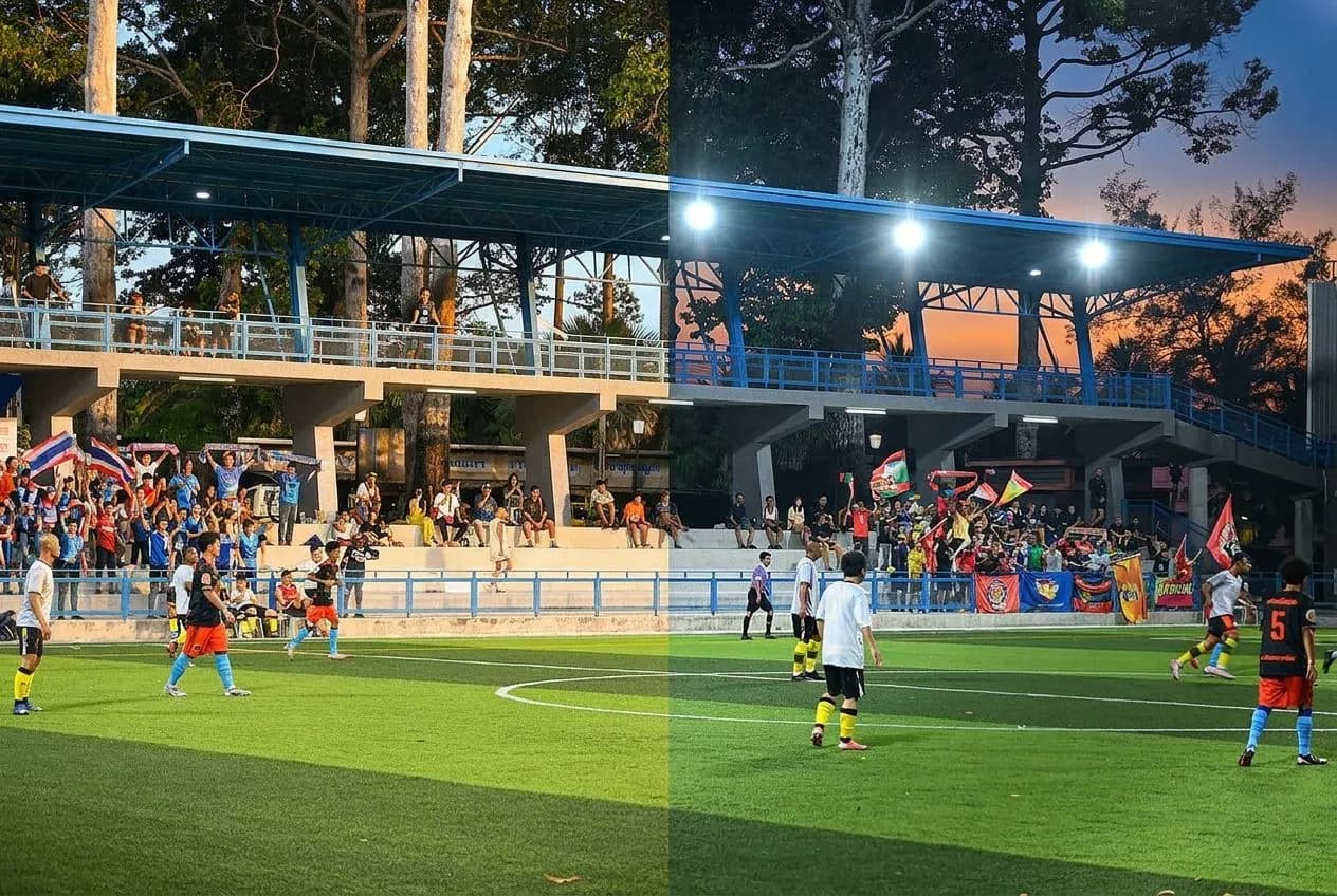 A brightly lit stadium pitch split symbolically into two halves, evoking Spain and Belgium's contrasting styles, under vivid World Cup evening lights with festive color accents.