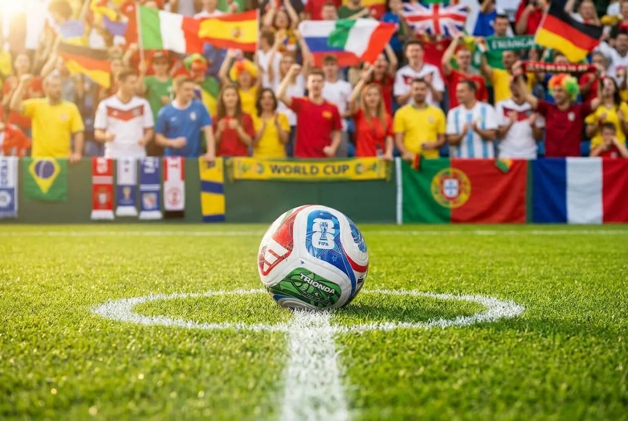 A pristine soccer ball resting on the center circle under warm daylight, ready for kickoff in a cheerful World Cup atmosphere.