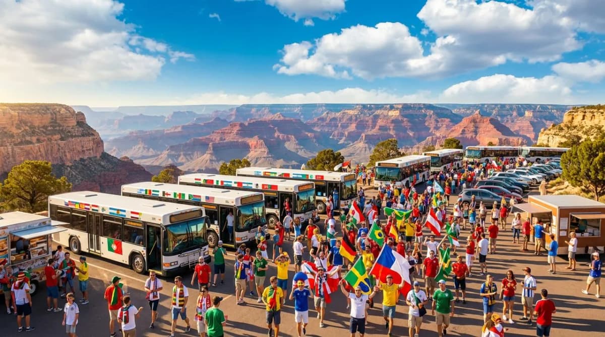 A park-and-ride lot filled with vehicles under bright daylight, a shuttle bus loading cheerful fans in team colors against a vivid blue sky