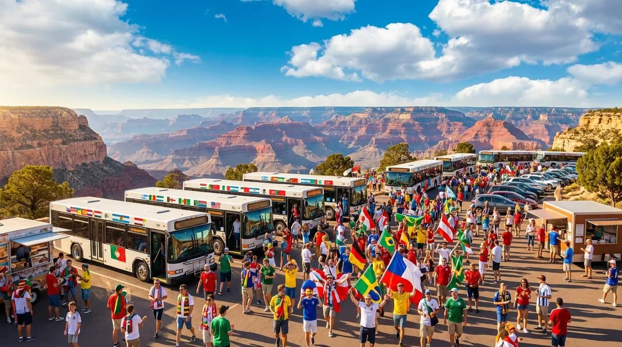 A park-and-ride lot filled with vehicles under bright daylight, a shuttle bus loading cheerful fans in team colors against a vivid blue sky