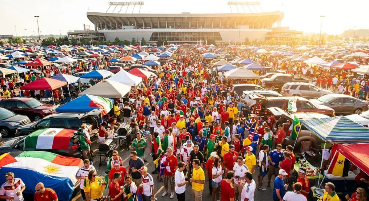 Arrowhead Stadium tailgate lots bustling with fans, grills, and flags under warm sunlight, vehicles parked in neat rows with the stadium visible in the background