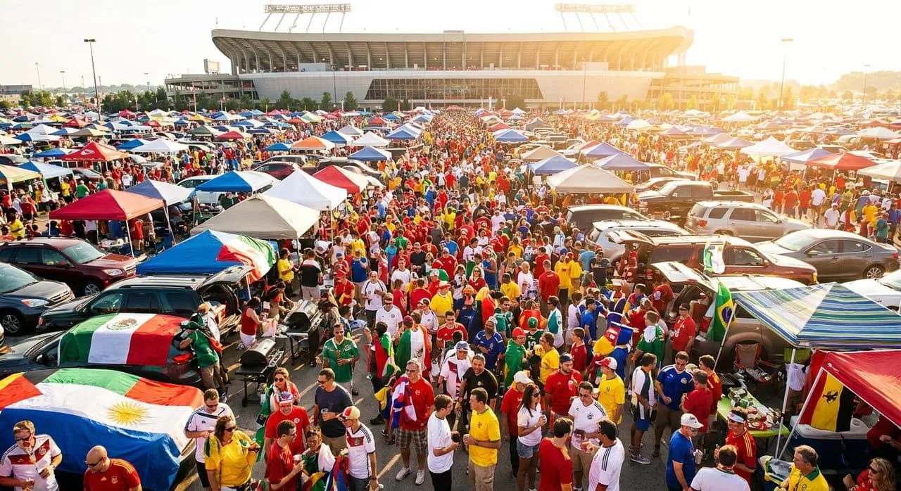 Arrowhead Stadium tailgate lots bustling with fans, grills, and flags under warm sunlight, vehicles parked in neat rows with the stadium visible in the background