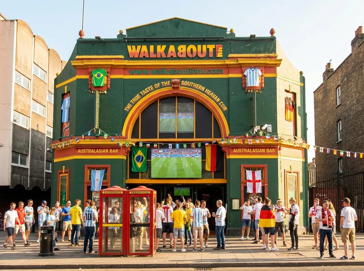 A cheerful sports bar filled with daytime crowd watching multiple screens, vivid natural light, fans in team colors celebrating together