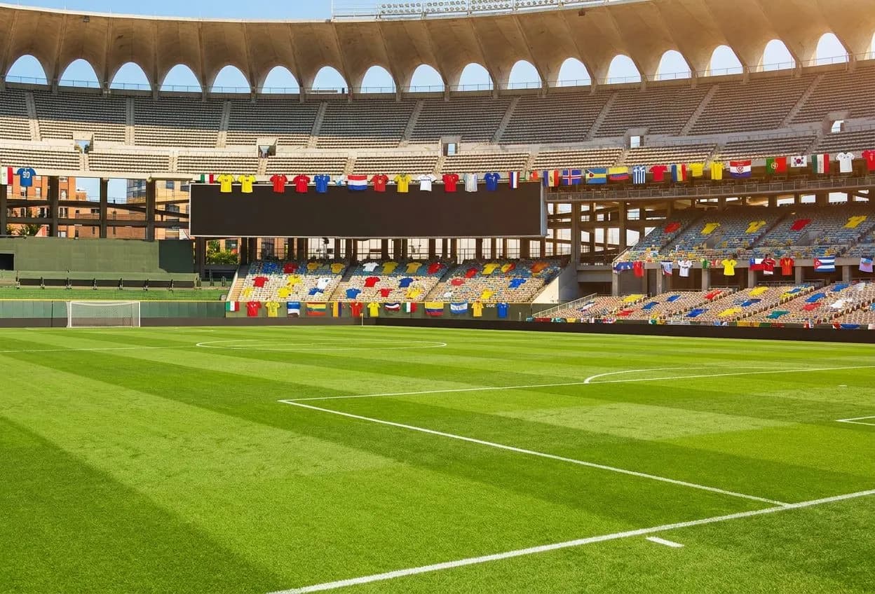 A pristine emerald natural-grass pitch inside MetLife Stadium under bright even light, empty seats rising in tiers, clean lines evoking the 2026 World Cup Final atmosphere