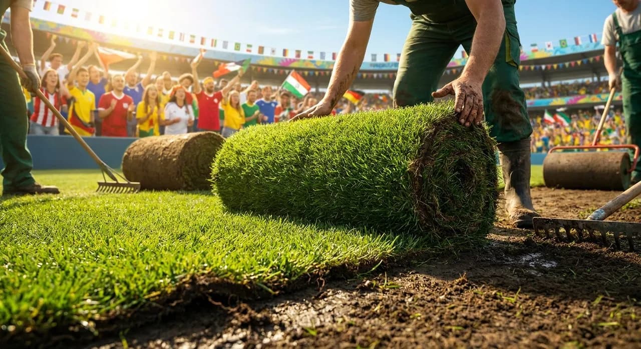 Close-up of fresh natural-grass turf rolls being laid on a stadium field in bright daylight, rich green blades and dark soil visible, groundskeeping detail in warm sunlight