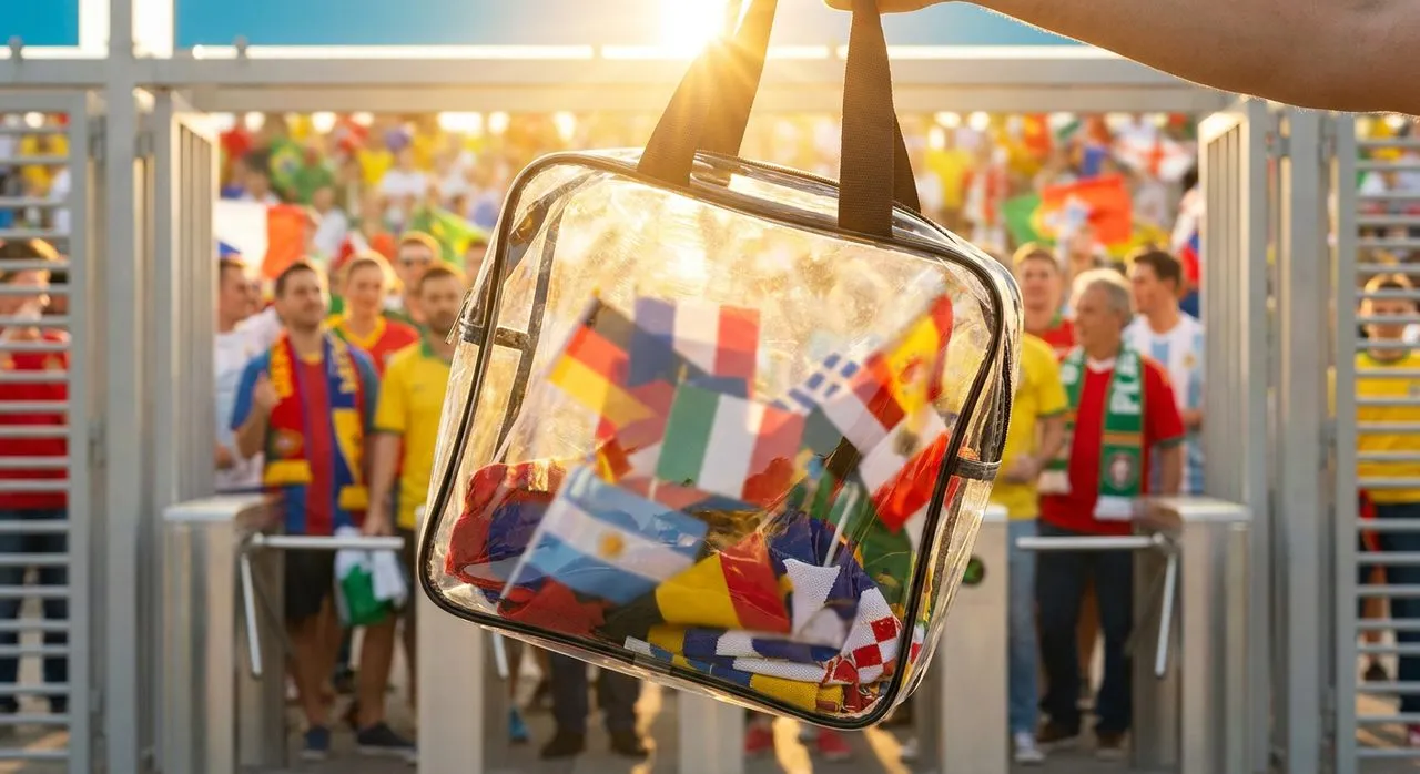 Clear vinyl stadium-approved bag held up against sunny sky at security checkpoint with fans queuing in background