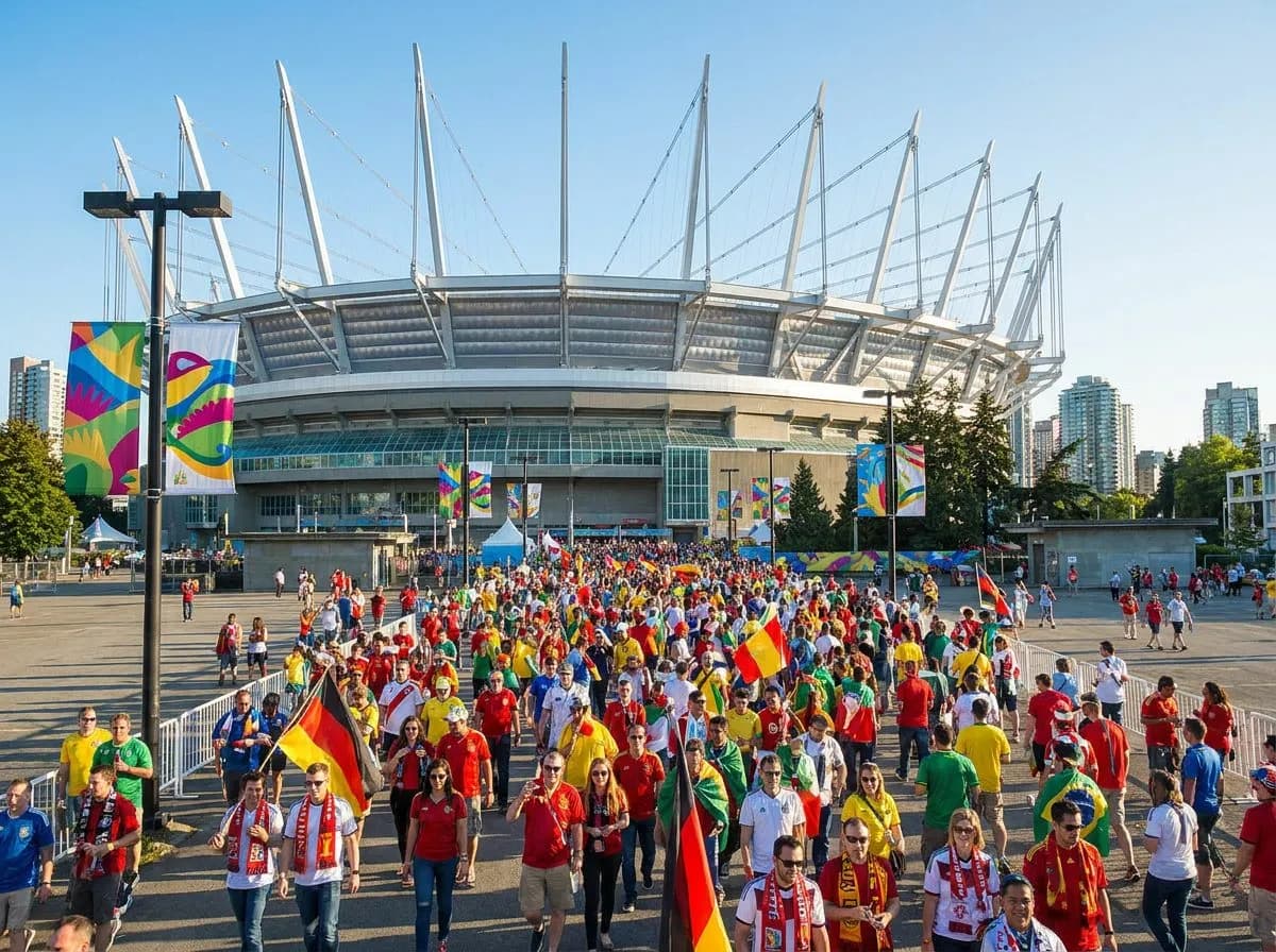 Fans in colorful jerseys streaming toward a sunlit modern stadium exterior hours before the World Cup Final kickoff under a bright blue sky