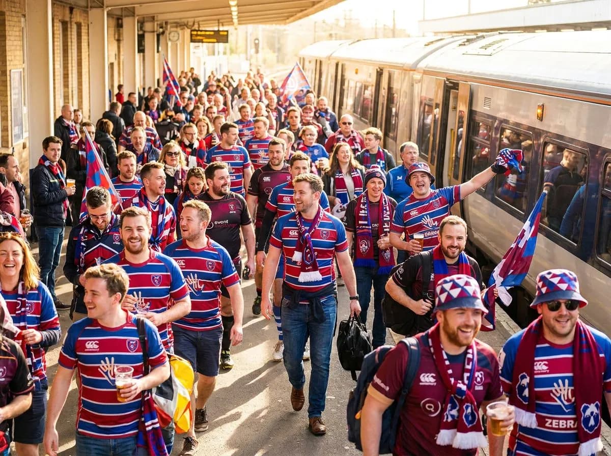 Crowded transit platform in daylight as supporters in national colors board trains bound for the stadium with flags and scarves visible