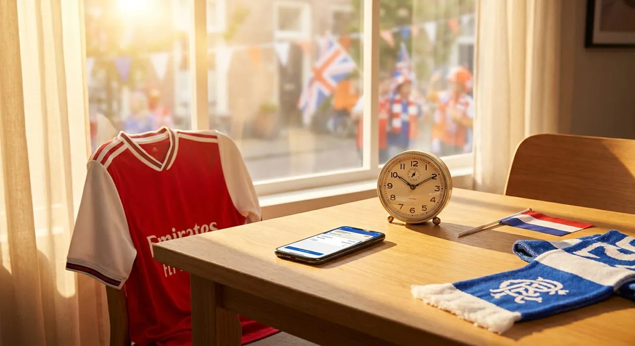 Mobile ticket displayed on a smartphone beside an analog clock on a wooden table bathed in warm morning sunlight through a window