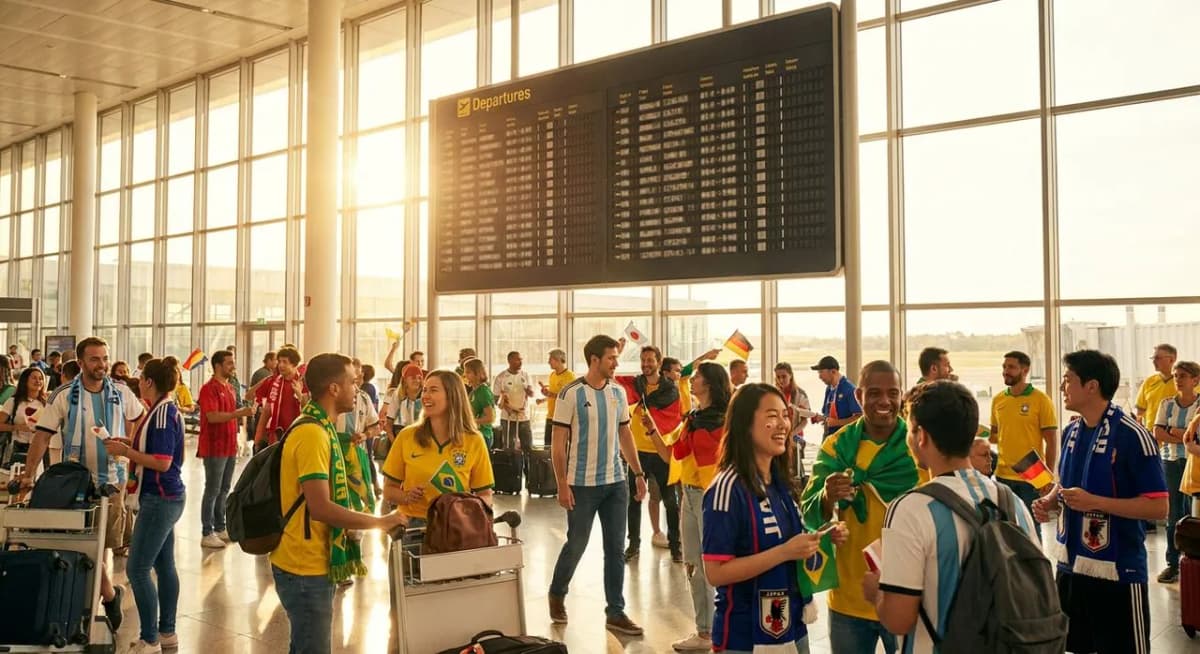 Sunny airport departures board with travelers in team jerseys under vivid natural light, cheerful World Cup atmosphere