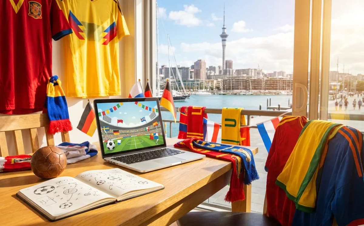 Sunlit workspace with open laptop displaying match statistics, leather-bound notebook, miniature football, and coffee cup on wooden desk, warm natural daylight streaming through window