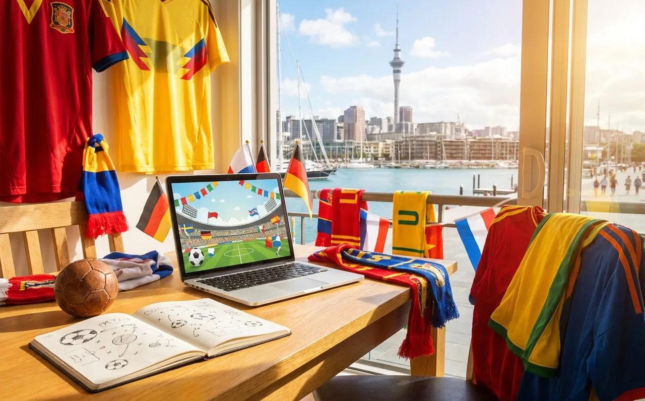 Sunlit workspace with open laptop displaying match statistics, leather-bound notebook, miniature football, and coffee cup on wooden desk, warm natural daylight streaming through window