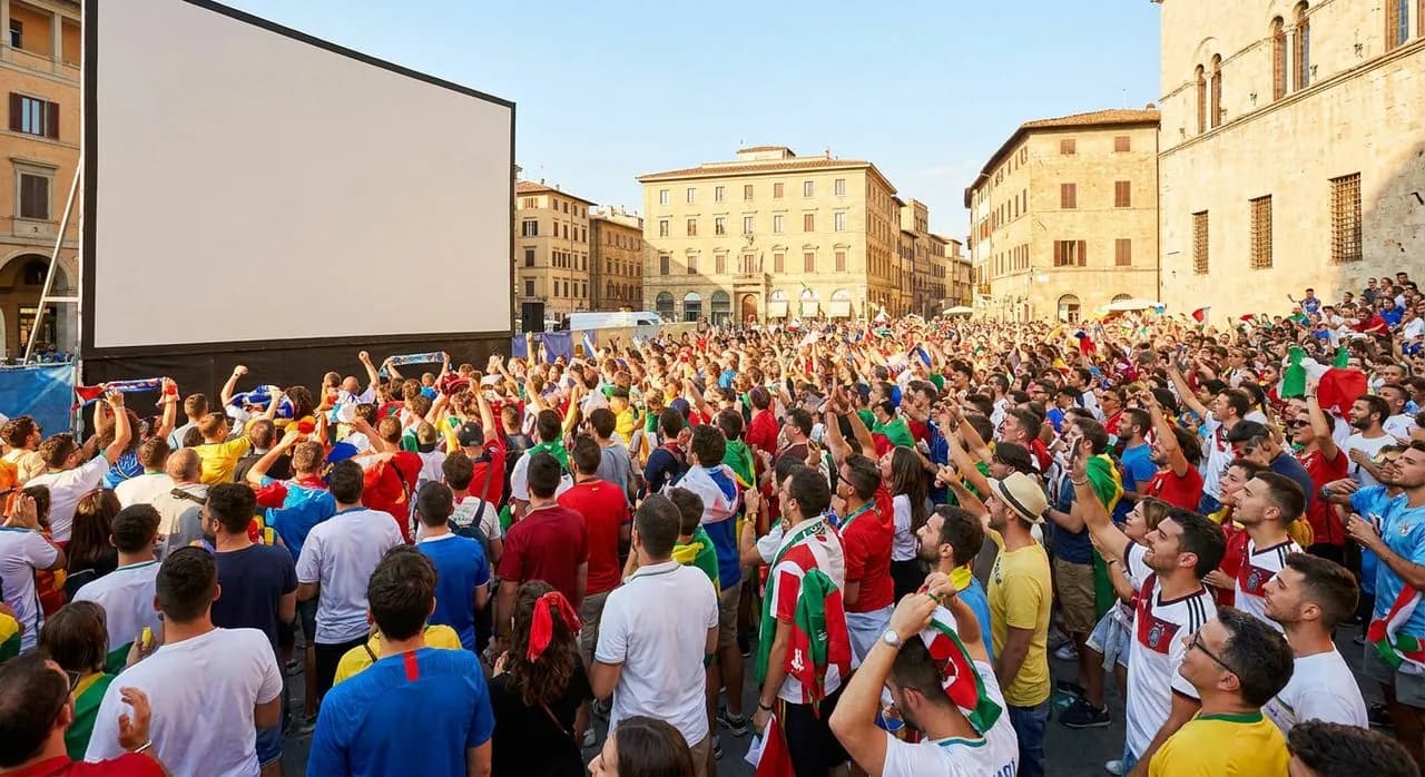 Diverse crowd gathered outdoors watching large projection screen in daylight, faces lit with anticipation, national flags visible as accessories, bright festive tournament atmosphere