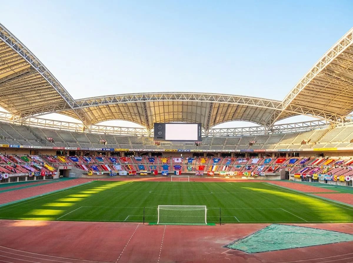 Empty stadium bowl illuminated by dramatic floodlights at dusk, pristine pitch ready for World Cup semifinal action