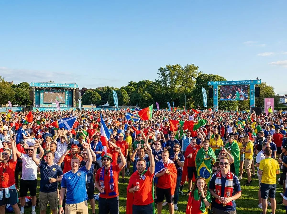 Packed outdoor fan zone with crowd watching knockout match on giant screen under bright afternoon sun, colorful scarves visible