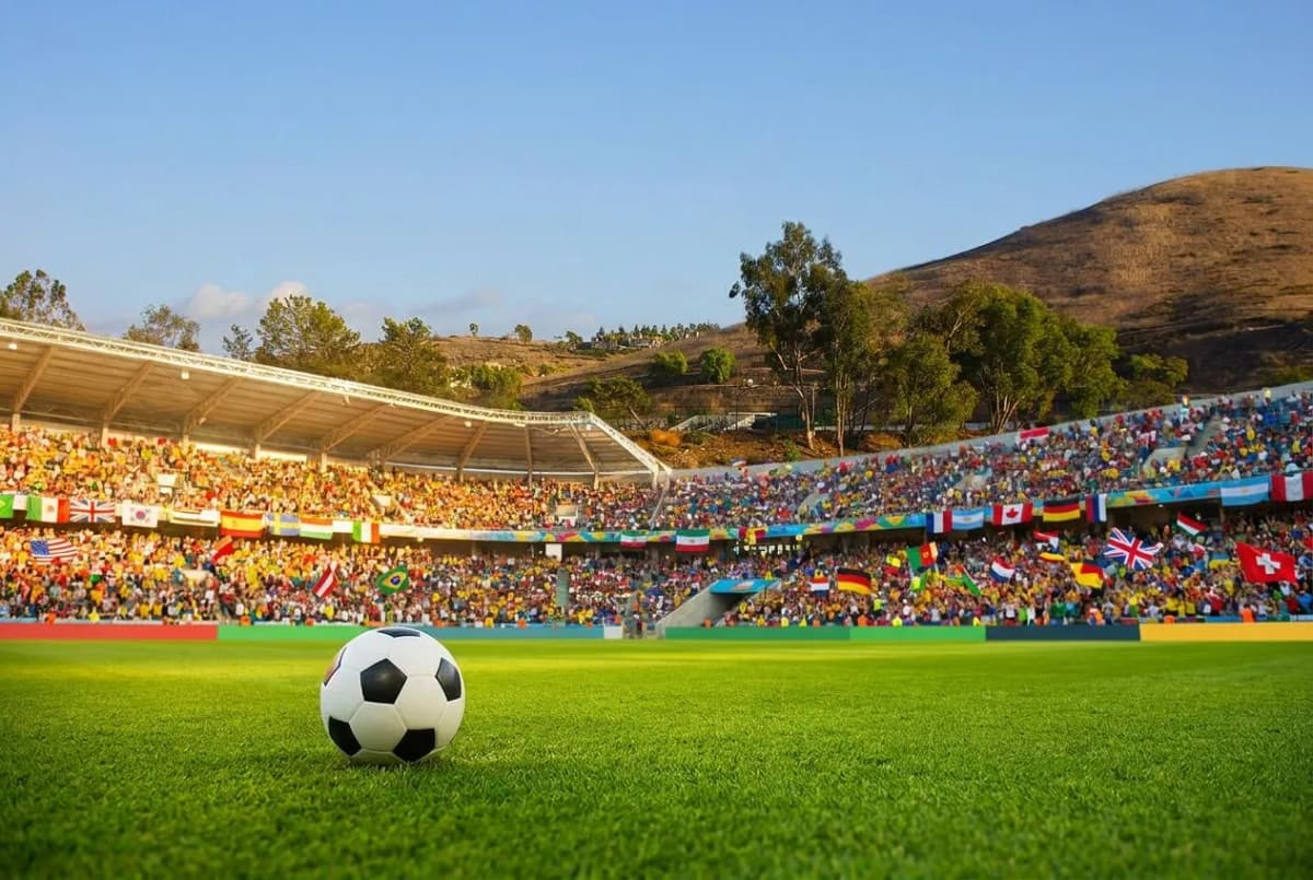 White soccer ball centered on sunlit grass pitch with modern stadium architecture rising in soft-focus background