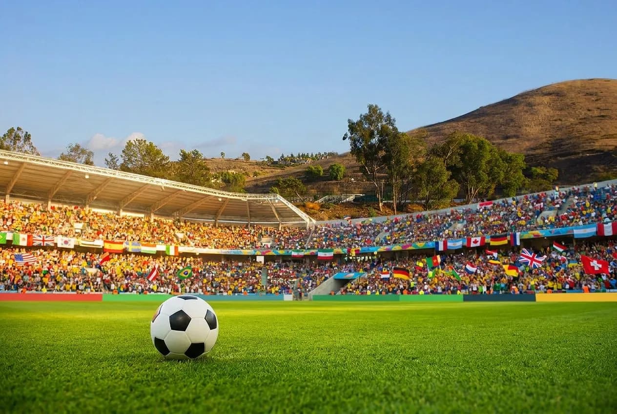 White soccer ball centered on sunlit grass pitch with modern stadium architecture rising in soft-focus background
