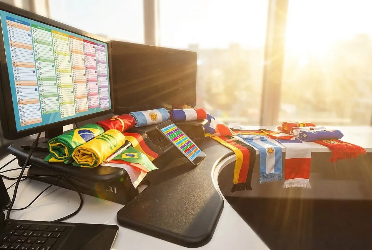 Sunlit desk with calendar and smartphone displaying World Cup match times, colorful scarves draped nearby in warm natural light