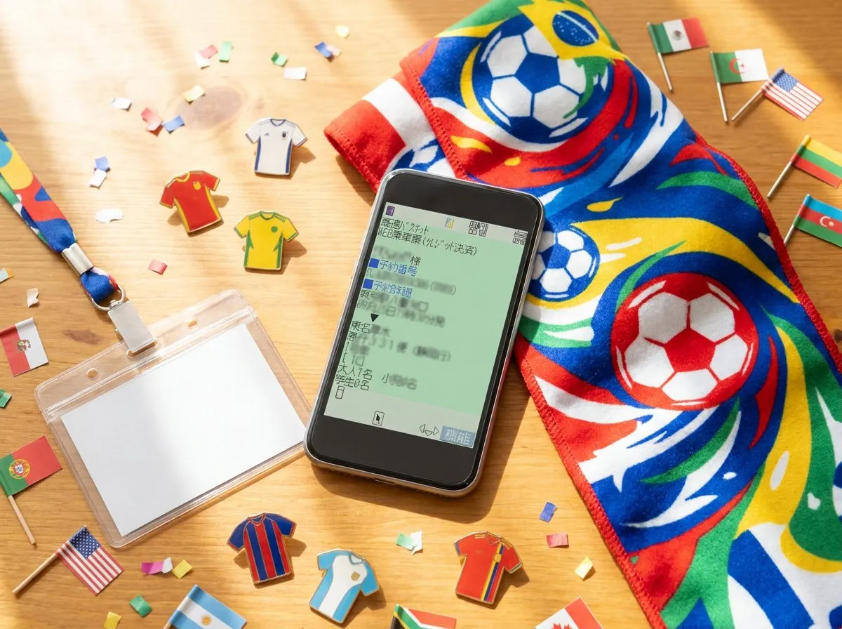 A bright flat-lay of a mobile phone displaying a digital World Cup ticket beside a lanyard and colorful scarf on a sunlit table