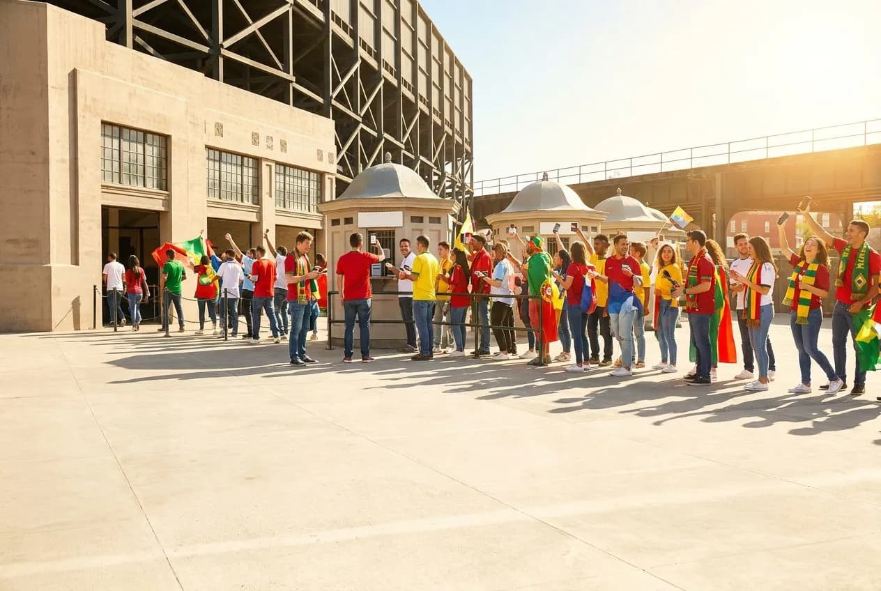 Fans scanning mobile tickets at a sunny stadium entrance gate under clear blue skies during World Cup matchday