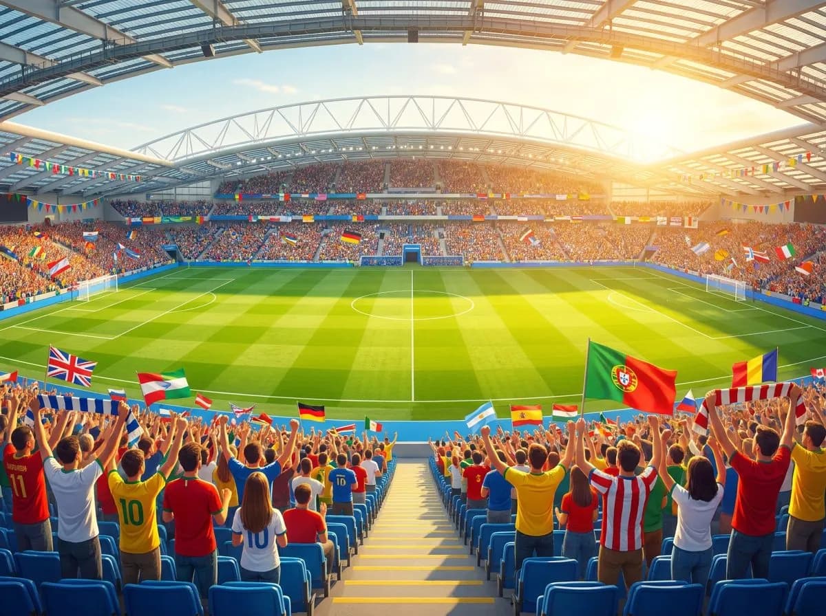 Wide panoramic view from premium stadium seats overlooking a sunlit pitch with vibrant crowd atmosphere
