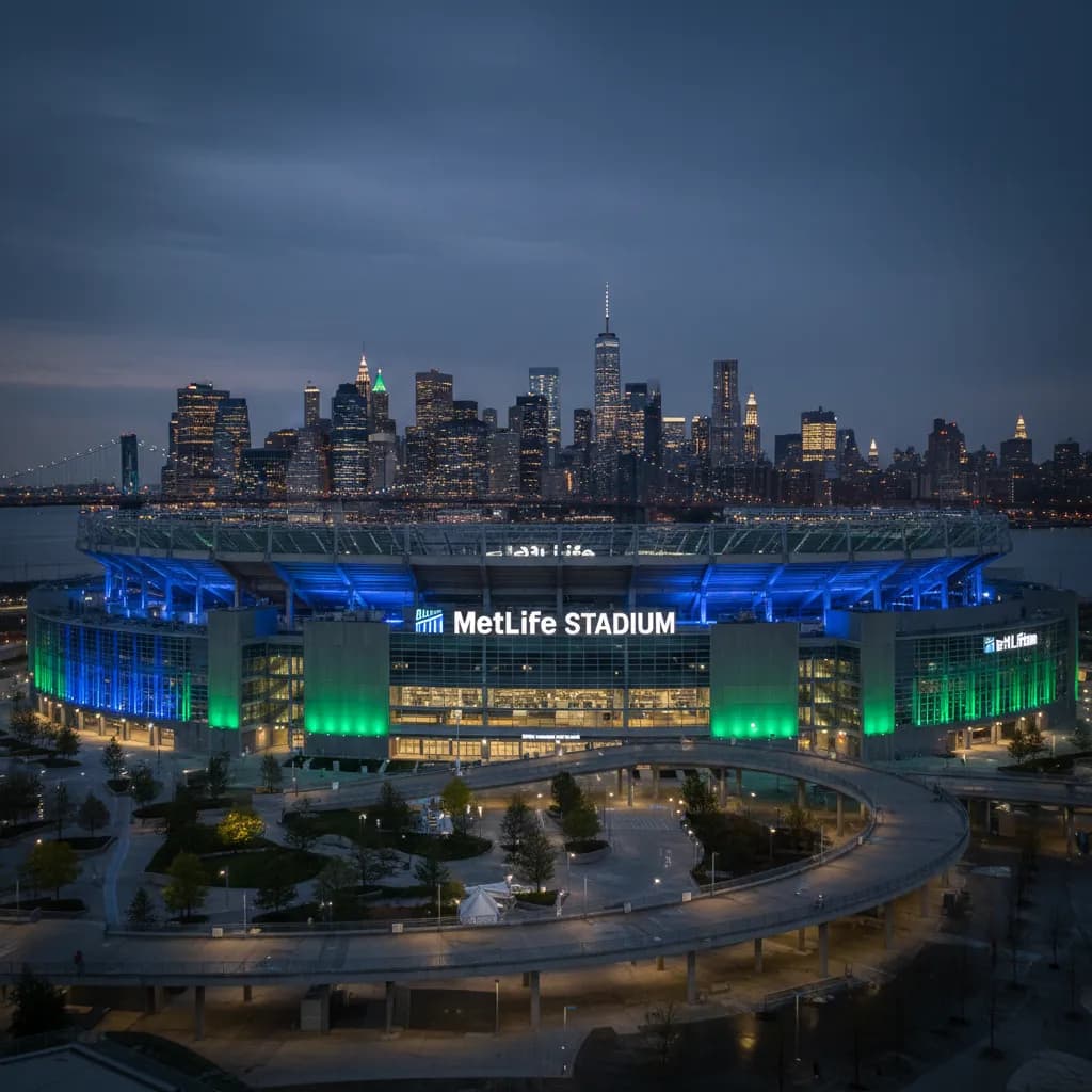 MetLife Stadium at night with the New York City skyline visible across the river