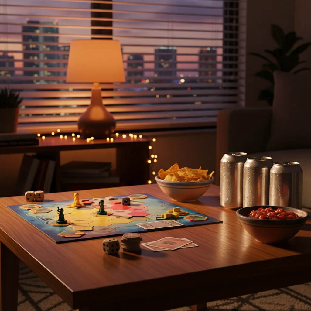 Coffee table set for game night with a board game, dice, chips and salsa under warm lamp light