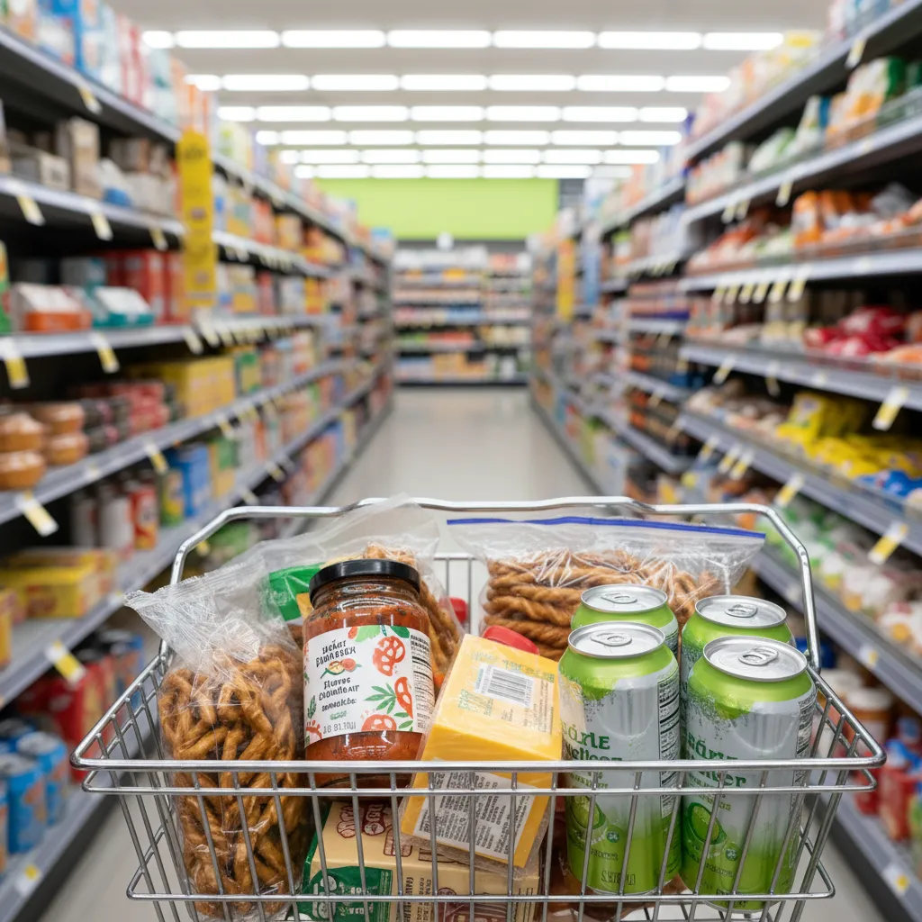 Grocery basket loaded with pretzels, salsa, cheese and seltzer in a budget supermarket aisle