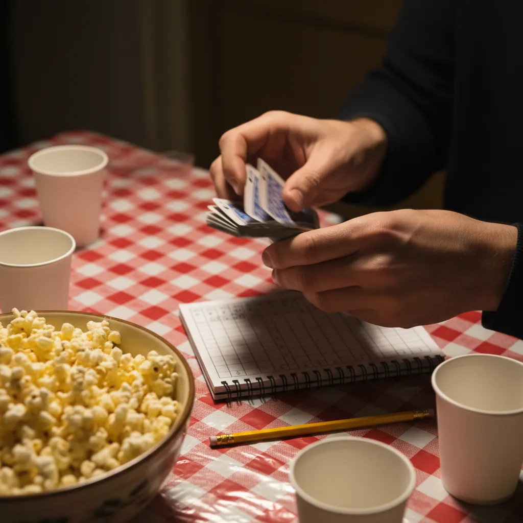 Hands shuffling playing cards beside a score pad and popcorn bowl on a plastic tablecloth at night