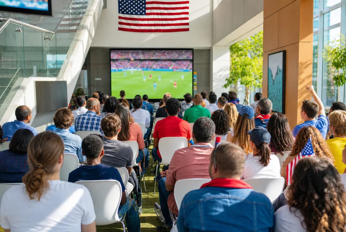 Bright realistic public soccer watch party image