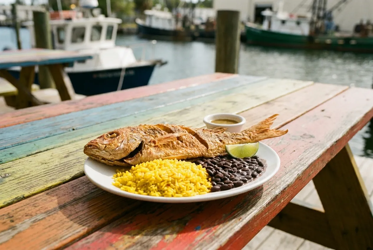 Whole fried yellowtail snapper with yellow rice and beans on a waterfront table overlooking the Miami River