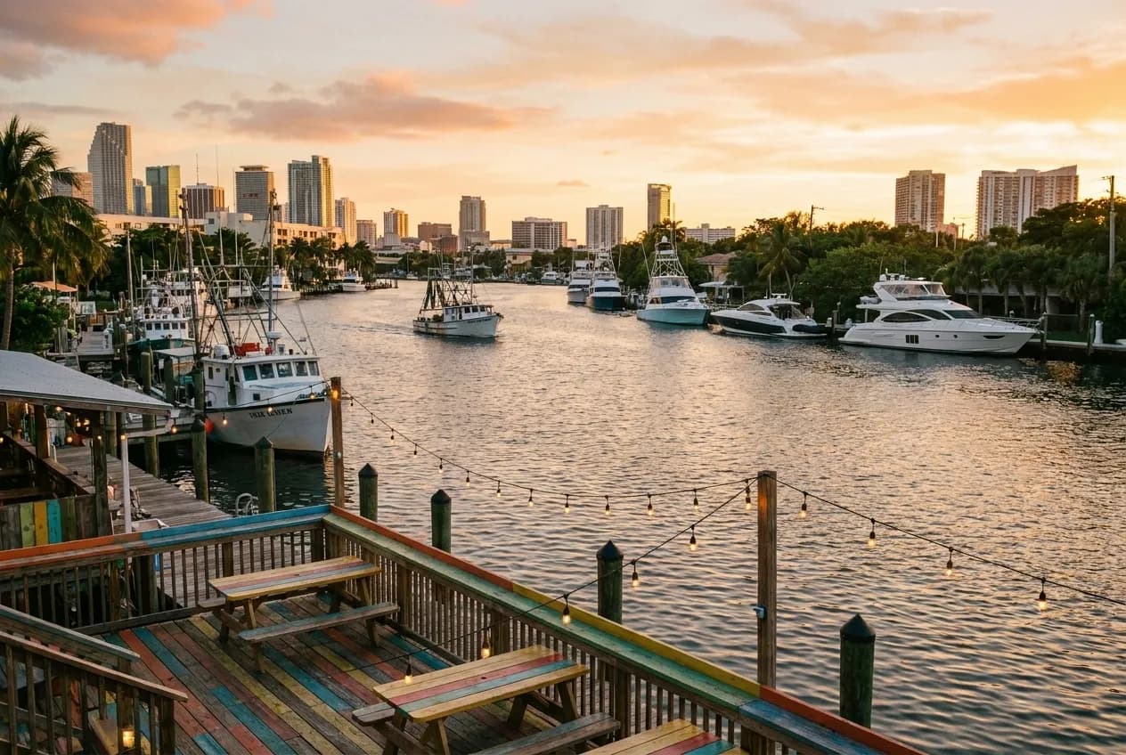 Miami River waterfront view with passing boats and outdoor dining deck at sunset