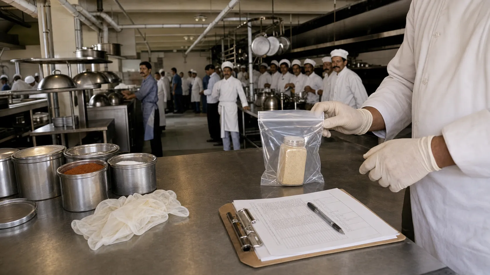 A New York City restaurant prep counter with spices being separated for a food recall audit.
