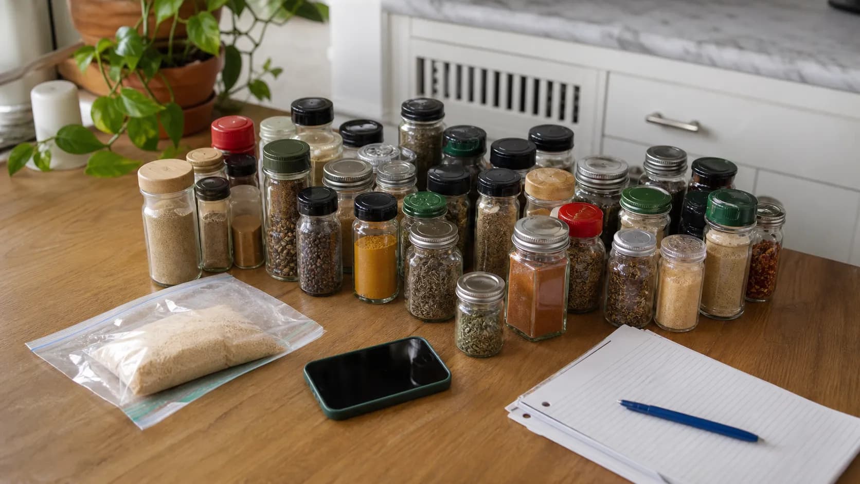 Household spice jars arranged on a table for a garlic powder recall check.