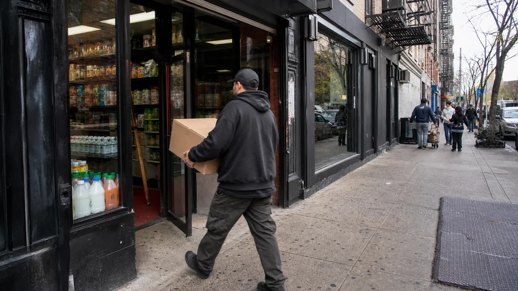 A small New York City grocery storefront during a shelf-stable food recall check.