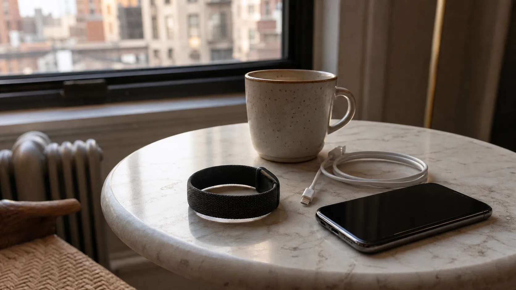 A screenless fitness band resting on a small apartment table next to a phone and coffee.