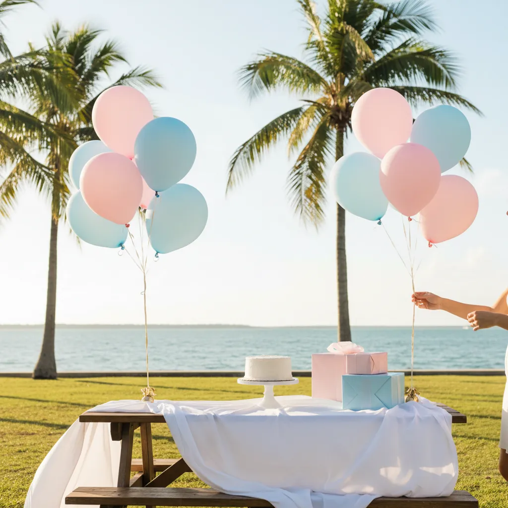 Pink and blue balloons and party supplies arranged on a table for a Miami gender reveal
