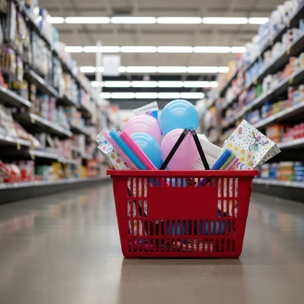 Shopping basket filled with pink and blue latex balloons and budget party supplies in a store aisle