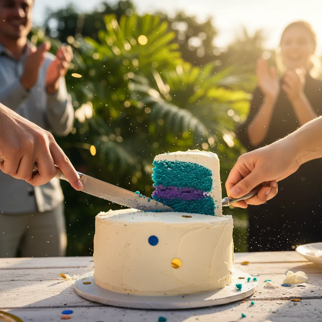 Knife slicing into a white frosted cake revealing a bright blue interior at an outdoor party table