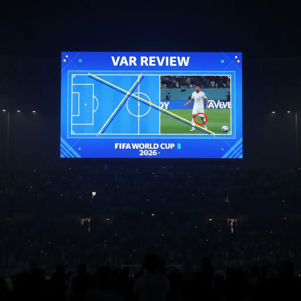 A VAR review screen shows offside lines at the World Cup