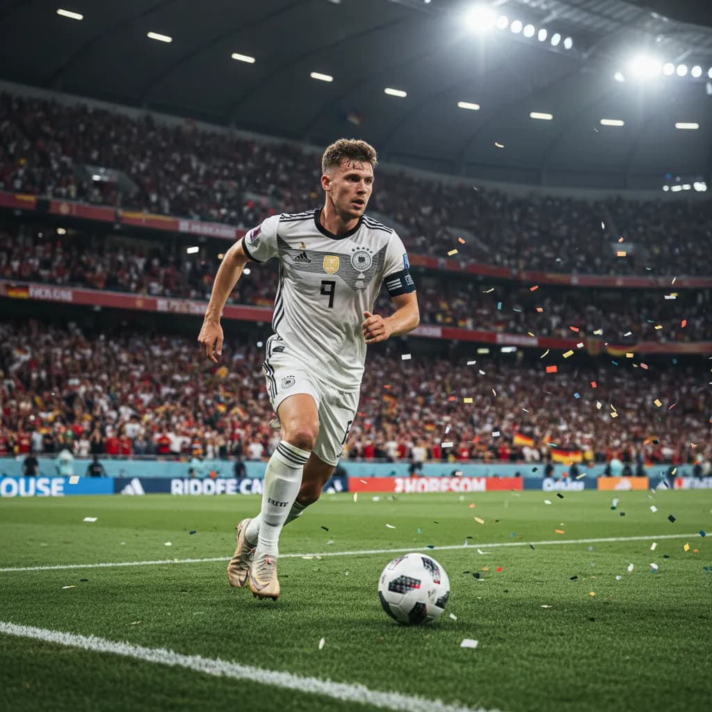 A Germany player driving forward in the white jersey during World Cup 2026